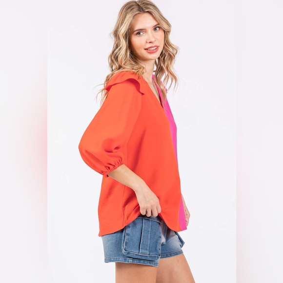 GeeGee Full Size Ruffle Trim Contrast Blouse - Picture 3 of 5